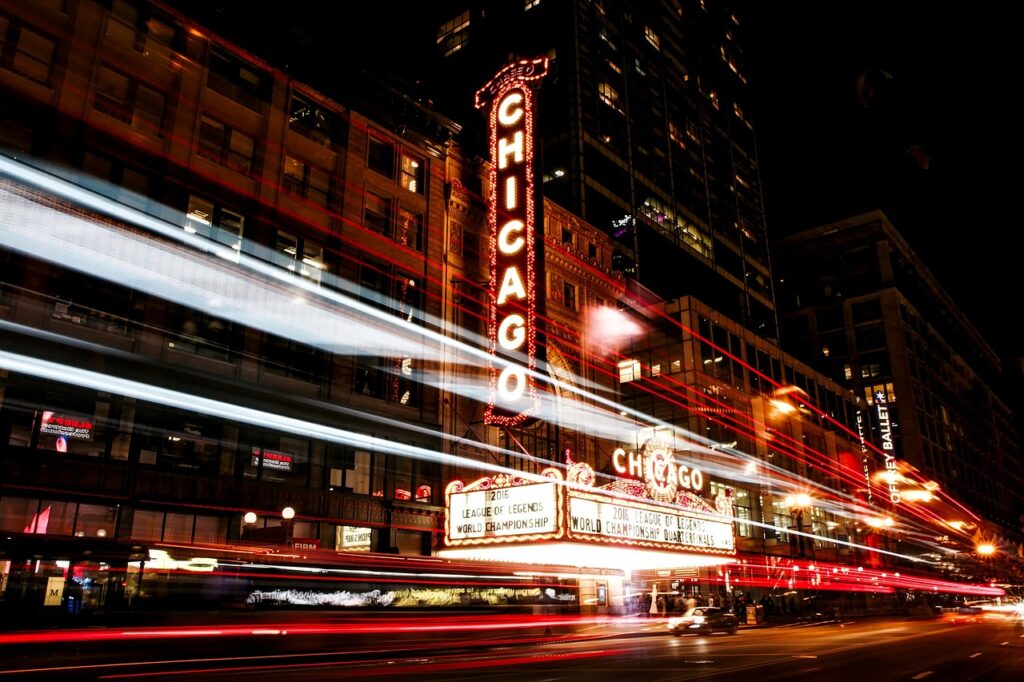 city, urban, buildings, downtown, illinois, chicago, chicago theatre, theater, landmark, historic, neon, signs, night, evening, cityscape, lights, glow, reflections, street, entertainment, traffic, long exposure, chicago, chicago, chicago, chicago, chicago